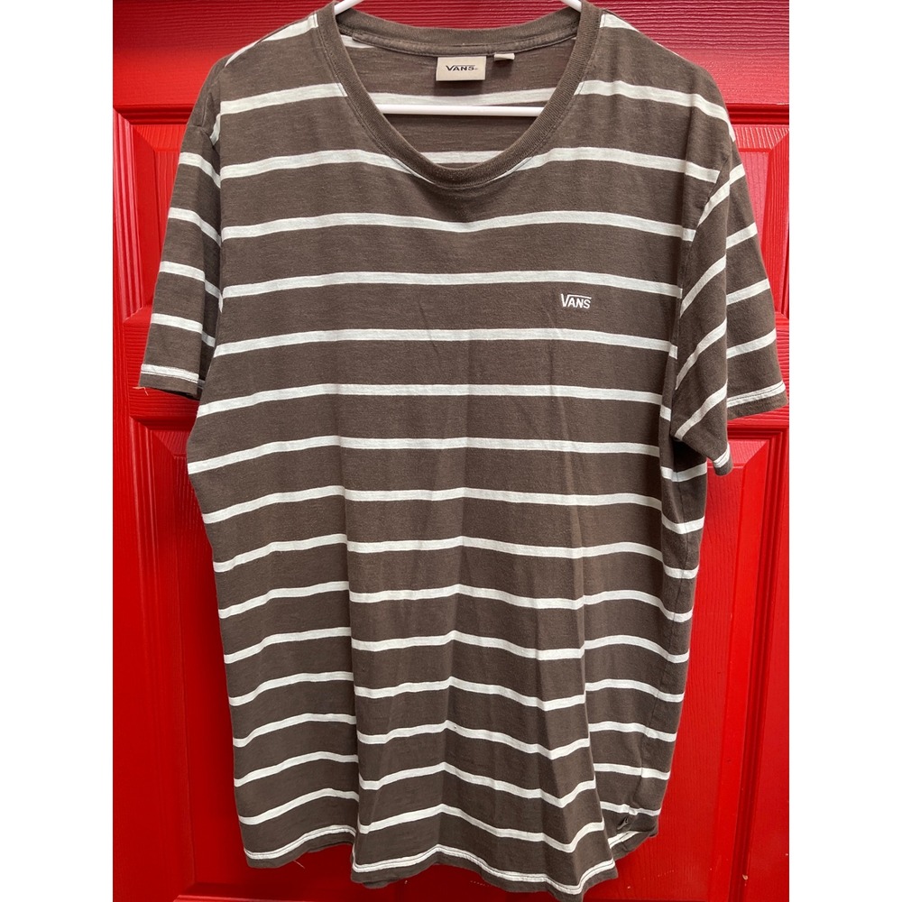 Vans Mens Brown White Striped V-Neck Short Sleeve T-Shirt Logo Large